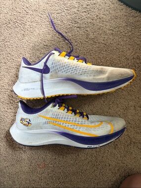 LSU Nike White Running Shoes with Purple & Yellow Accents